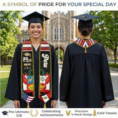 Graduation Stole Class of 2026 Reversible Sash with Gold Glitter Trim and Tassels V-Neck 72 Inch Satin - color: Jamaica & America