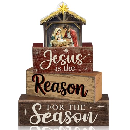Moucuny 4 Pcs Christmas Table Decor Christian Nativity Scene Wooden Blocks - style: Jesus is the Reason of This Season