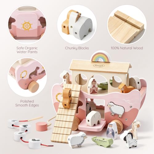 Joyreal Pink Wooden Noah's Ark Toy for 1 Year Old Baby Girl Baptism Gifts - color: Pink