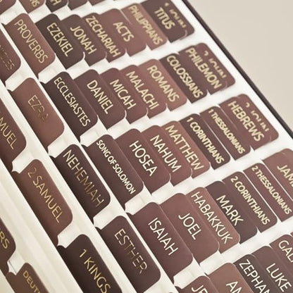Laminated Bible Tabs for Women and Men, Gold Foil Embossed Lettering - style: Earthy Brown