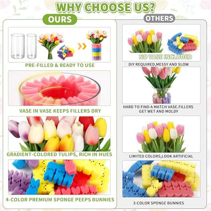 ALFEVA Easter Decorations-Vase in Vase 15pcs Artificial Tulips and 56 Peeps Bunnies Filler, Easter Vase Set Ready to Display，Spring Decorations for Home Table - size: 4.7"/2.7" Vase with 15 Tulips & Bunny