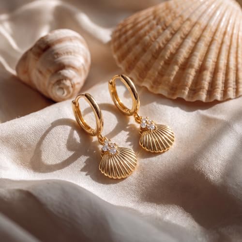 VACRONA Gold Heart Hoop Earrings Huggie Earrings for Women 14k Gold Plated Small Hoops Earrings - color: Scallop-Shell-Gold