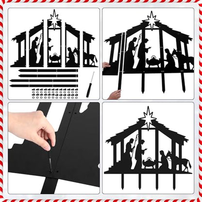 Cinnvoice 40" x 31" Large Christmas Metal Yard Stakes Christmas Garden Stakes Waterproof Xmas Outdoor Yard Decor with Stake for Xmas Holiday Lawns Outdoor Decor(Nativity, Black) - style: Nativity