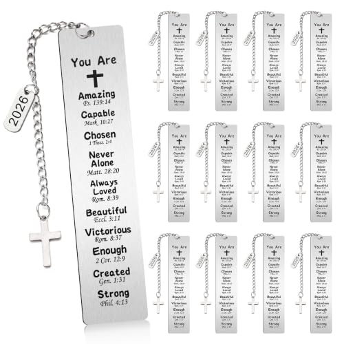 Gueevin 12 Pcs Christian Bookmarks Bulk, Metal Bible Verse Bookmarks with Cross Tassels, Religious Gifts for Baptism, First Communion, Confirmation, Sunday School and Church Events - style: Baptism