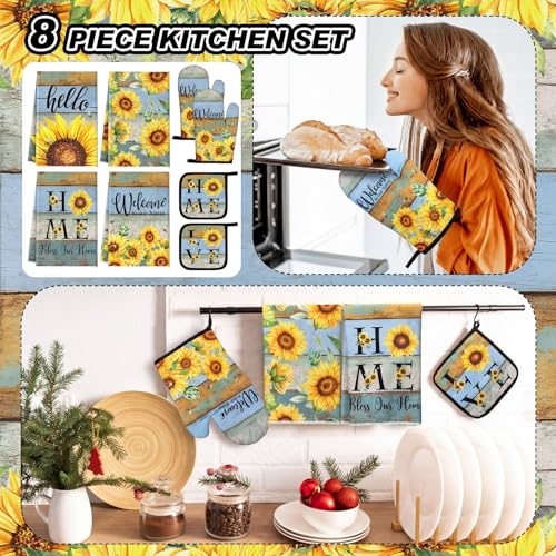Leinuosen 8 Pcs Rustic Sunflower Kitchen Towels Dishcloths Accessories Set - color: Rustic Color, style: Sunflower