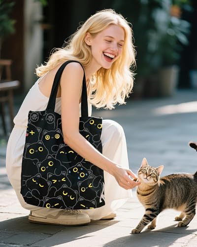 METALPHA Aesthetic Tote Bag for Women Girls - Resuable Double-Sided Printed Canvas Tote Bag with Snap Closure and Pocket
