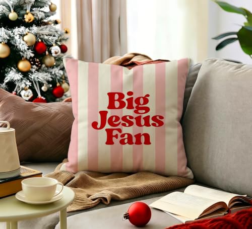 Pink Preppy Striped Jesus Christian Pillow Cover 18x18 Decor - color: Jesus