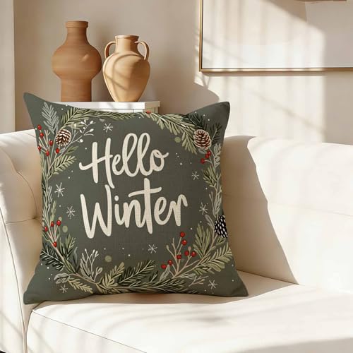 Cozy Christmas Holiday Throw Pillow Cover,Hello Winter Pine Wreath Decorative Pillow Case,Festive Winter Berry Cotton Linen Cushion Case for Home Decor 18 * 18 Inch - color: Settype16