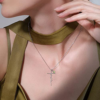 PRAYMOS Faith Cross Necklace for Women 925 Sterling Silver Pendant Necklace With Birthstone Initial Christian Religious Confirmation Baptism Mothers Day Gifts - color: 2-Silver August(Peridot)