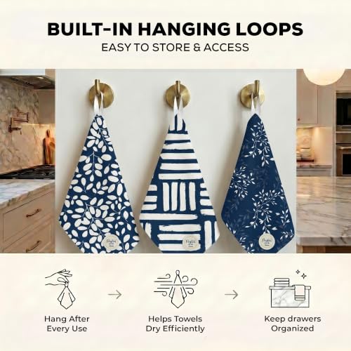 Kitchen Towels, Dish Towels for Kitchen, 3 Pc Kitchen Towel Set - color: Navy/Tan