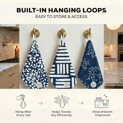 Kitchen Towels, Dish Towels for Kitchen, 3 Pc Kitchen Towel Set - color: Navy/Tan