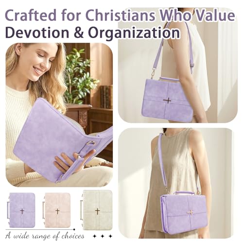 Classic Leather Bible Cover Case with Cross Design and Handle & Shoulder Strap for Women, Durable Bible Study Supplies Organizer Carrying Bag, Christmas Gifts for Christians with Gift Box（Purple - color: Purple( With Strap)