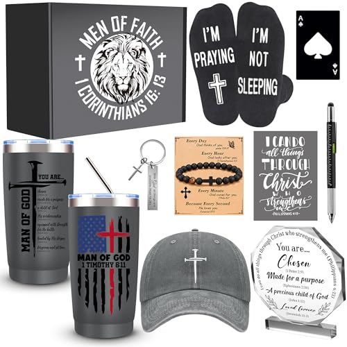 JTAMOHI 10 Pcs Christian Gifts for Men Faith, Inspirational Religious Gifts, Catholic Gift with 20 Oz Tumbler Bible Verses Crystal Plaque Hat Socks Bracelet for Husband, Dad, Grandpa, Friends