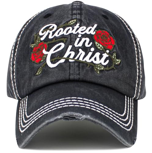 Bless Rodeo Country Horse Derby Womens Baseball Cap Distressed Vintage Unconstructed Embroidered Patch Hat - color: Black Rooted in Christ