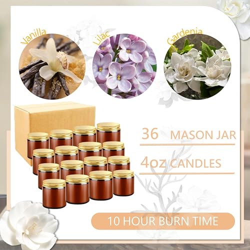 ACITHGL 36 Pcs 4oz Mini Mason Jar Candles Small Scented Candles Bulk Aromatherapy Ideal Souvenir Favors for Wedding Birthday Party (Vanilla, Lilac, Gardenia, Amber) - color: Amber, style: Vanilla, Lilac, Gardenia