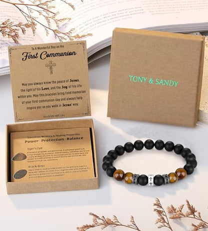 TONY & SANDY Christian Gift for Him Kids Teen Boys Adults Men Cross Bracelet Son Grandson Birthday Graduation Easter Religious Gifts for Men Christmas - style: First communion ( 7 Inches)