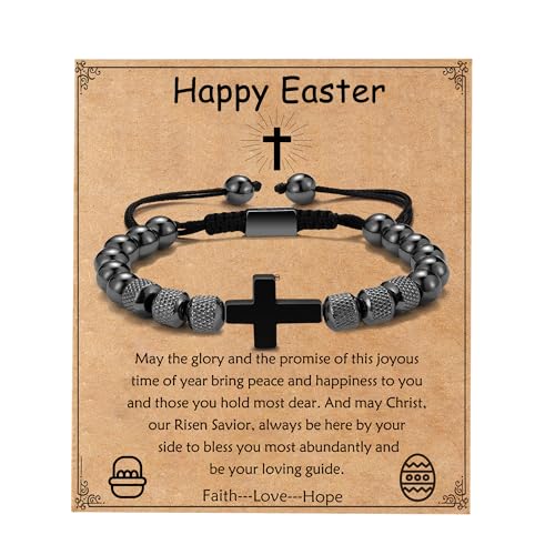 Cross Bracelet for Boys Teens, Adjustable Obsidian Beads Bracelets Christian Religious Jewelry Gifts for Teen Teenage Boys - style: Happy Easter