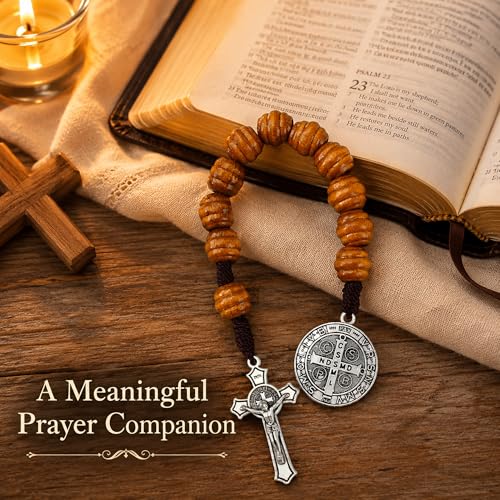 8 Inch Wooden Pocket Rosary for Men, Rosario with Saint Benedict Medal - color: Silver