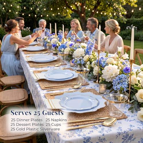 WDF 175Pcs Blue Plastic Plates - Heavy Duty Baby Blue Plates Disposable - 25Guests Plastic Dinnerware Ideal for Parties/Wedding/Baby Shower/Hanukkah - color: Bule and Gold, size: 175 pieces