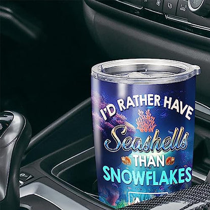 Personalized I'd Rather Have Seashells Than Snowflakes Tumbler Cup With Lid Custom Name Seashell Insulated Travel Mug Coffee Stainless Steel Gift Ocean For Beach Lover Women Men - color: Seashell