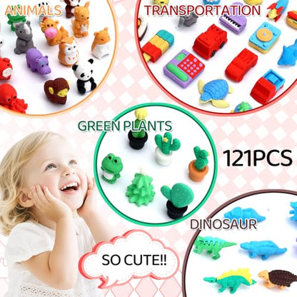 URSKYTOUS 121Pcs Animal Erasers Desk Pets for Kids,Classroom Prizes - style: 121Pcs