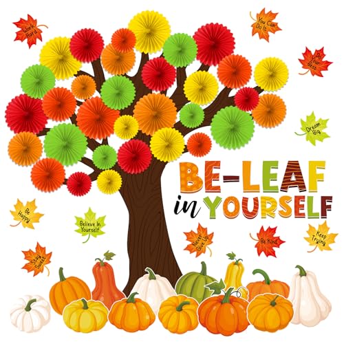 Gersoniel 81 Pcs Fall Thanksgiving Tree Bulletin Board for Classroom Be Leaf in Yourself Thanksgiving Tree Bulletin Board Decorations 3D DIY Paper Fans Pumpkin Cutouts Autumn School Home Wall Decor - style: Fall Leaf