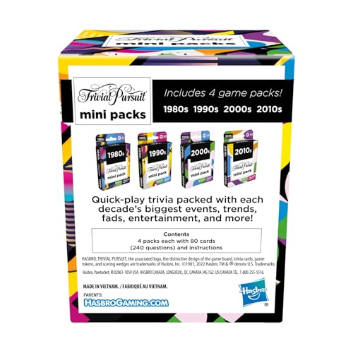 Hasbro Games Trivial Pursuit Mini Packs Multipack, Fun Trivia Questions for Adults and Teens Ages 16+, Includes 4 Game Featuring 4 Decades