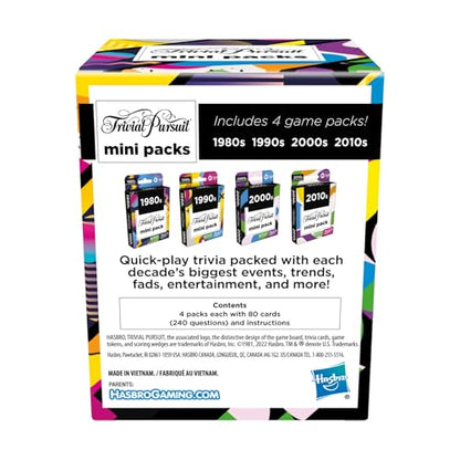 Hasbro Games Trivial Pursuit Mini Packs Multipack, Fun Trivia Questions for Adults and Teens Ages 16+, Includes 4 Game Featuring 4 Decades