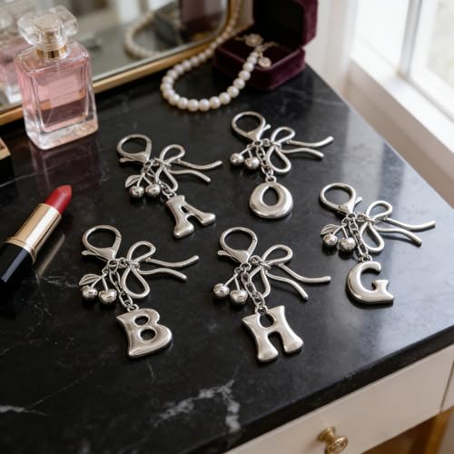 Snycler Bubble Initial Keychain Bag Charms for Women, A-Z Letter Keychain - color: Sliver Cherry Bow-style