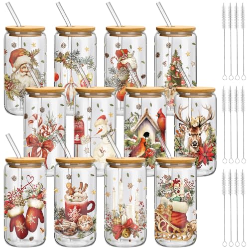 Teenyyou 12 Sets of Christmas Glasses Cups with Bamboo Lid and Glass Straw 16 oz Vintage Christmas Glass Jar Winter Drinking Cups Santa Snowman Elk Coffee Cup for Women Men Xmas Holiday Party Gifts - style: Retro Christmas