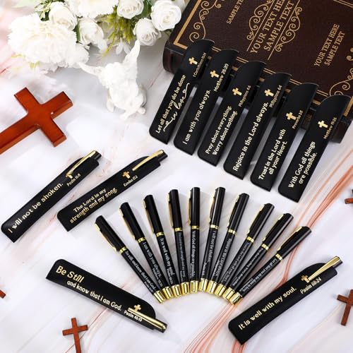 15 Sets Social Worker Gifts Bible Verse Pen with Leather Holder, Black - color: Black
