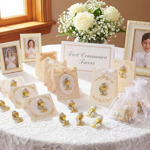 Hoteam 50 Pcs First Communion Enamel Lapel Pins Bulk Chalice with Grapes and Wheat Gold Plated Religious Pins Gifts for First Holy Communion Catholic Baptism Christian Memorial Favors - style: Retro