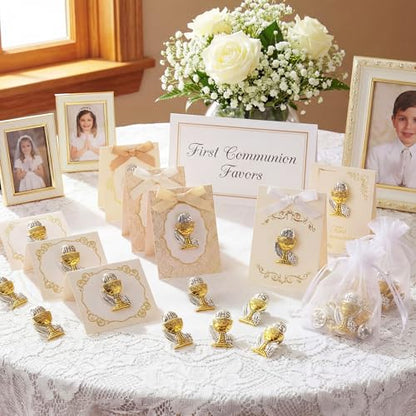 Hoteam 50 Pcs First Communion Enamel Lapel Pins Bulk Chalice with Grapes and Wheat Gold Plated Religious Pins Gifts for First Holy Communion Catholic Baptism Christian Memorial Favors - style: Retro
