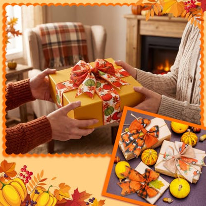 12 Rolls 60 Yards Fall Wired Ribbon for Wreaths Bows Crafts - style: Fall Pumpkin