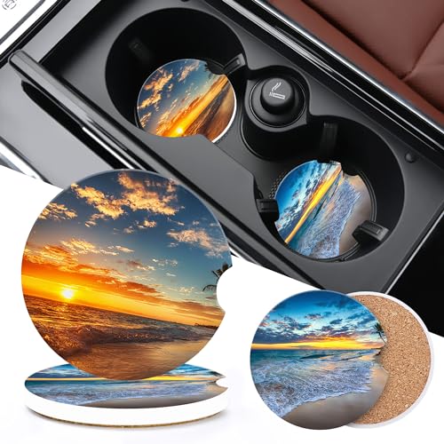 Sunrise on Tropical Beach Car Coaster for Cup Holders,Sunset Over Beach Palm Tree Car Cup Holder Coaster Ceramic Car Drink Coasters for Most Car Set of 2 Absorbent Auto Cup Holder 2.56" - color: Sunset Over Beach Palm Tree