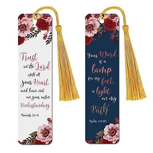 WIRESTER Set of 2 Metal Bookmarks with Light Gold Tassel for Students, Reader, Teachers, Book Lovers - Christian Quotes Proverbs 3:5-6, Christian Bible Verses Psalm 119:105 - color: Christian Quotes Proverbs 3:5-6, Psalm 119:105
