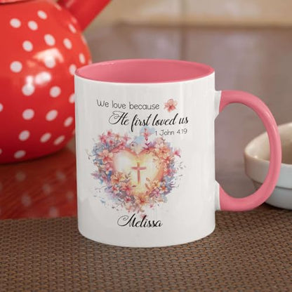 Floral Heart And Cross Design Accent Mug, Customized Name Christian Bible Verse Cup, Gift For Christian Men Women, Personalized Religious Coffee Mug 11oz 15oz, Custom Bible Verse Ceramic Cup - color: HOA-624-2166-WE LOVE MUG