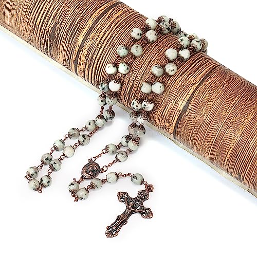 Nazareth Store Natural Stone Beads 8mm Rosary Necklace Antique Copper Design Holy Soil Medal & Cross in Velvet Bag - Catholic Rosaries Terra Santa Jerusalem Collection - color: Dalmatian Jasper