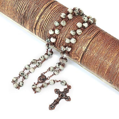 Nazareth Store Natural Stone Beads 8mm Rosary Necklace Antique Copper Design Holy Soil Medal & Cross in Velvet Bag - Catholic Rosaries Terra Santa Jerusalem Collection - color: Dalmatian Jasper