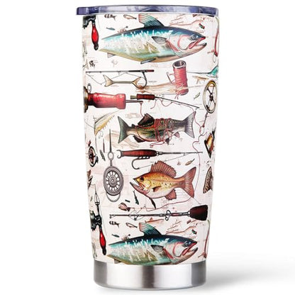 Fishing Gifts for Men, Fishermen - Fish Travel Coffee Mug Cup, Birthday Valentines Fathers Day Christmas Gift for Dad, Husband, Son, Boys, Grandpa, Uncle, Boss - 20oz Stainless Steel Insulated Tumbler - color: Fishing