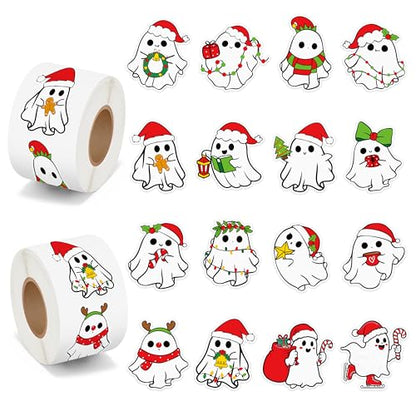 BeYumi Christmas Cute Ghost Stickers - 1000Pcs Christmas Cute Ghost Rolled Stickers in 2 Rolls Xmas Red Santa Hat Boo Adhesive Waterproof Vinyl Decals Holiday Party School Envelope Scrapbooking Decor - style: Christmas Boo