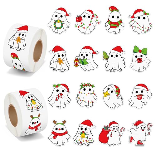 BeYumi Christmas Cute Ghost Stickers - 1000Pcs Christmas Cute Ghost Rolled Stickers in 2 Rolls Xmas Red Santa Hat Boo Adhesive Waterproof Vinyl Decals Holiday Party School Envelope Scrapbooking Decor - style: Christmas Boo