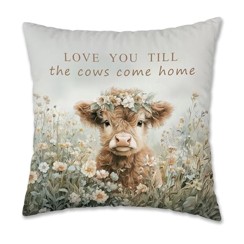 Rustic Floral Highland Cow Pillow Cover 18x18 - color: Highland Cow-1