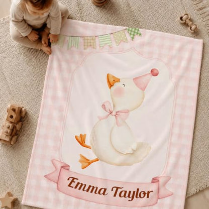 Personalized Birthday Goose Blanket, Pink Plaid Baby Throw Gift - color: #Ver11