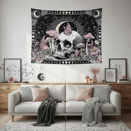 Accnicc Gothic Skull Butterfly Mushroom Tapestry 60 x 44 Inch - color: Pink White, size: 60"L x 44"W
