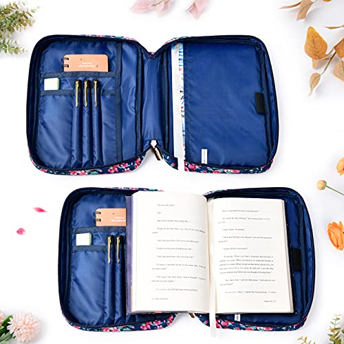 G-LEAF Bible Cover Case/Book Cover, Bible Case for Women Girls, Bible Cover Bags Floral Pattern With Handle Fits for Standard Size Bible, 9.5x6.7x2.5 In - color: Navy Rose