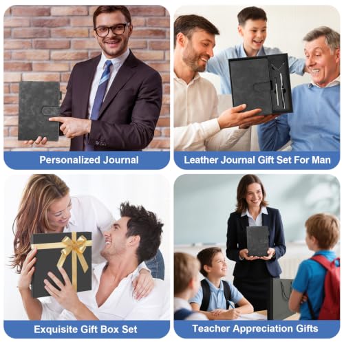 A5 Leather Journal for Women Men, Hardcover Notebook Set with Pen, Black - color: Black