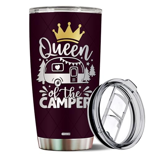 Queen of The Camper Tumbler Camping Gifts For Campers Women Mom Coffee Cup with Lid 20oz Stainless Travel Mug Water Bottle Wife Gift - color: Camping