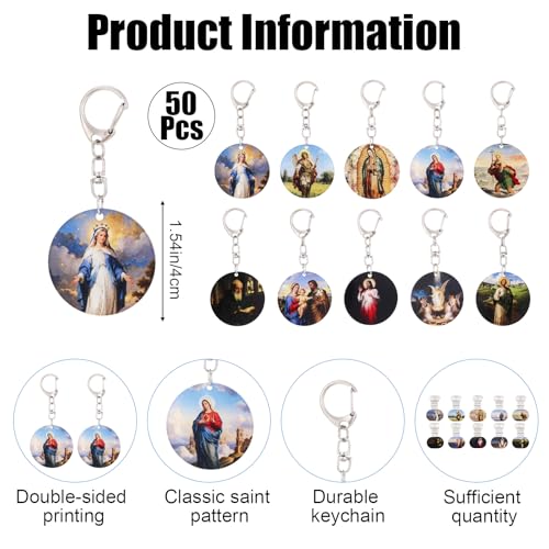 50 Pcs Christian Keychain, Catholic Gifts Bulk Religious Acrylic Saint Keychains for Believers, Church Prayer Groups, Baptism Confirmation Souvenirs for Women Men