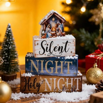 4 Pcs Christmas Nativity Set Decor Religious Nativity Scene Table Centerpieces Wooden Jesus Indoor Decoration Christian Silent Night Holy Night Block Sign for Xmas Winter Tiered Tray Mantle
